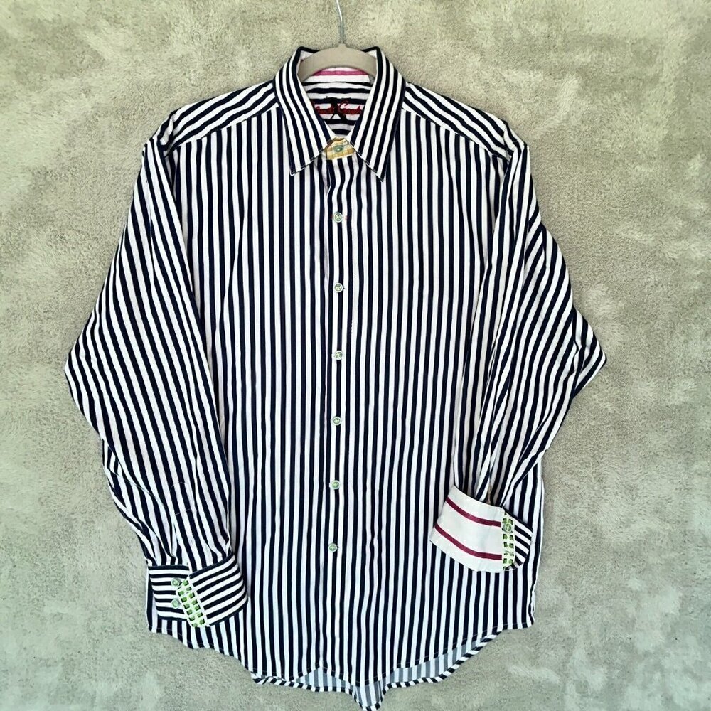 Robert Graham L Shirt Mens Large Navy Blue Striped Pink Flip Cuff Green Trim 100 - Picture 1 of 11